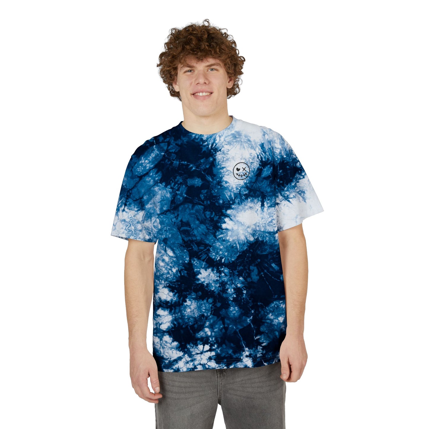 Embroidered Black & White Tie-Dye Oversized Tee — Skull Accent