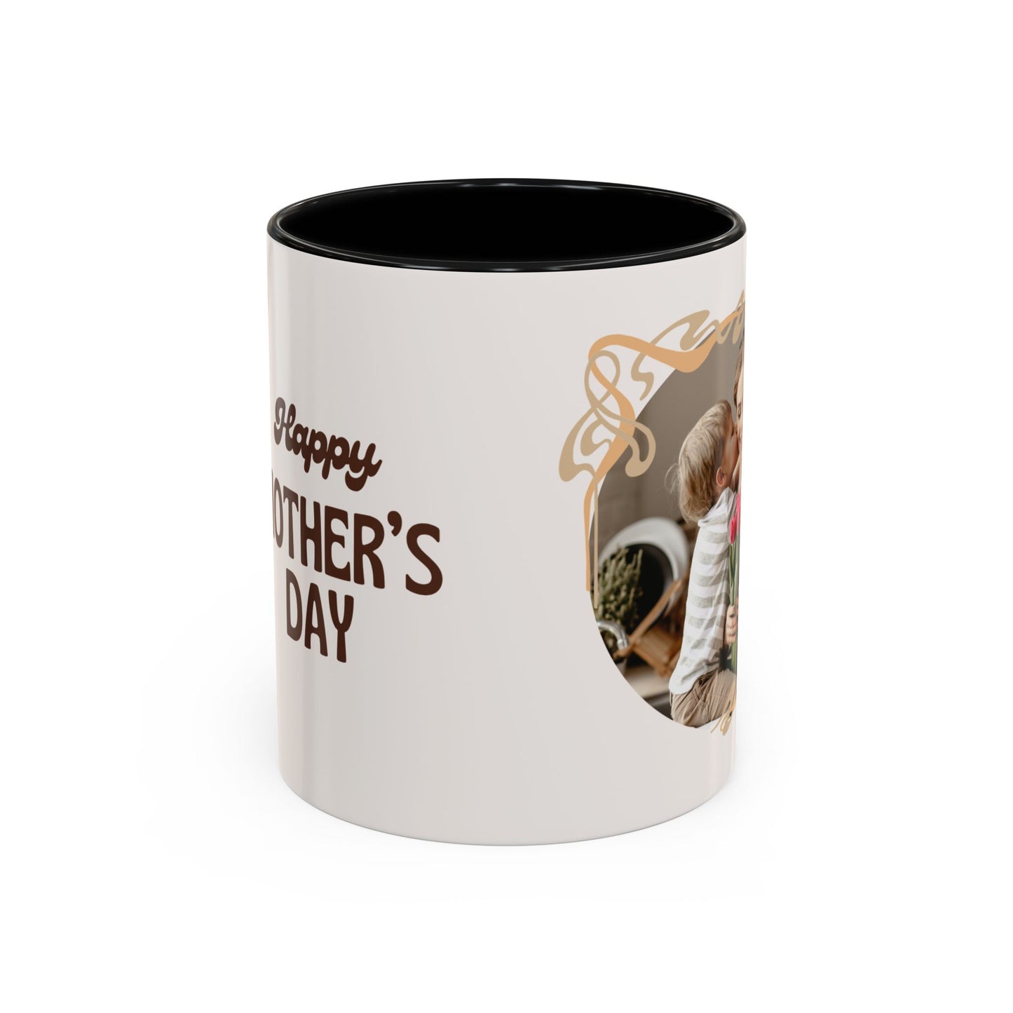 Mother's Day Accent Coffee Mug — Personalized Photo Floral Frame, "Happy Mother's Day" Gift