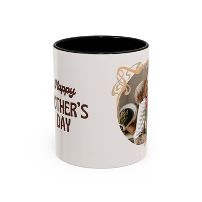Mother's Day Accent Coffee Mug — Personalized Photo Floral Frame, "Happy Mother's Day" Gift