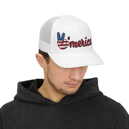 ’Merica Peace Sign Trucker Hat — Patriotic USA Snapback Cap for 4th of July
