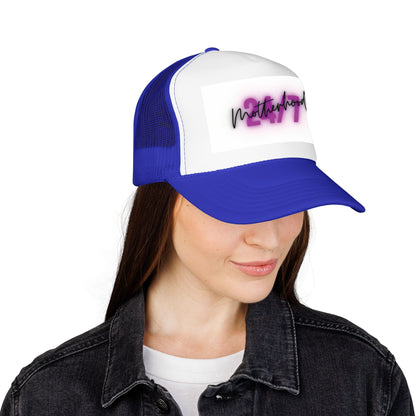 1997 Motherhood Trucker Hat — Retro Pink Script Foam Mesh Cap