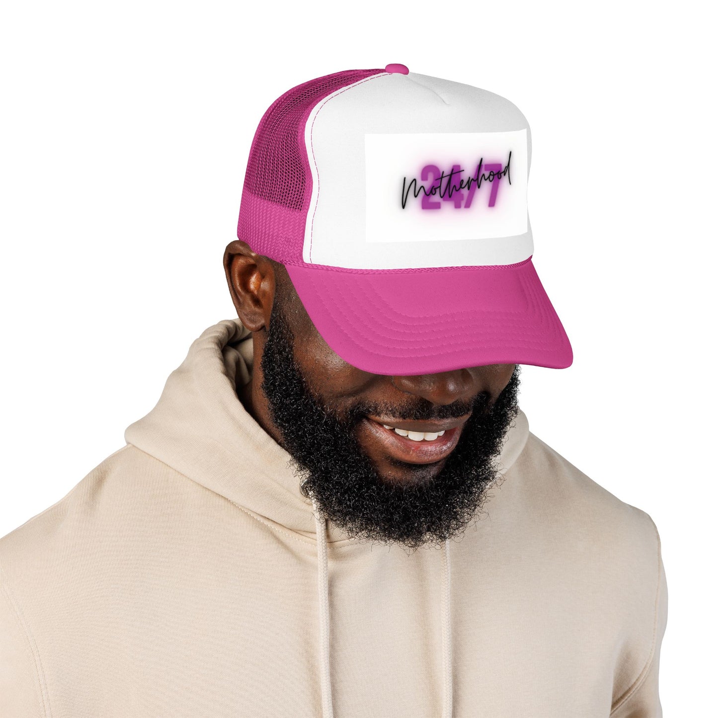 1997 Motherhood Trucker Hat — Retro Pink Script Foam Mesh Cap