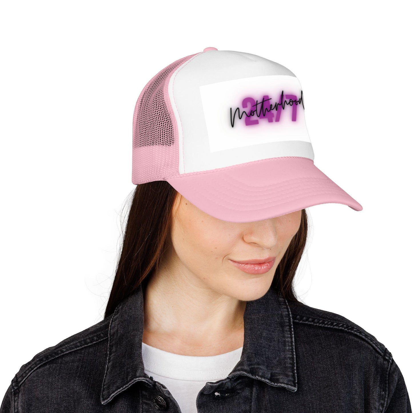 1997 Motherhood Trucker Hat — Retro Pink Script Foam Mesh Cap
