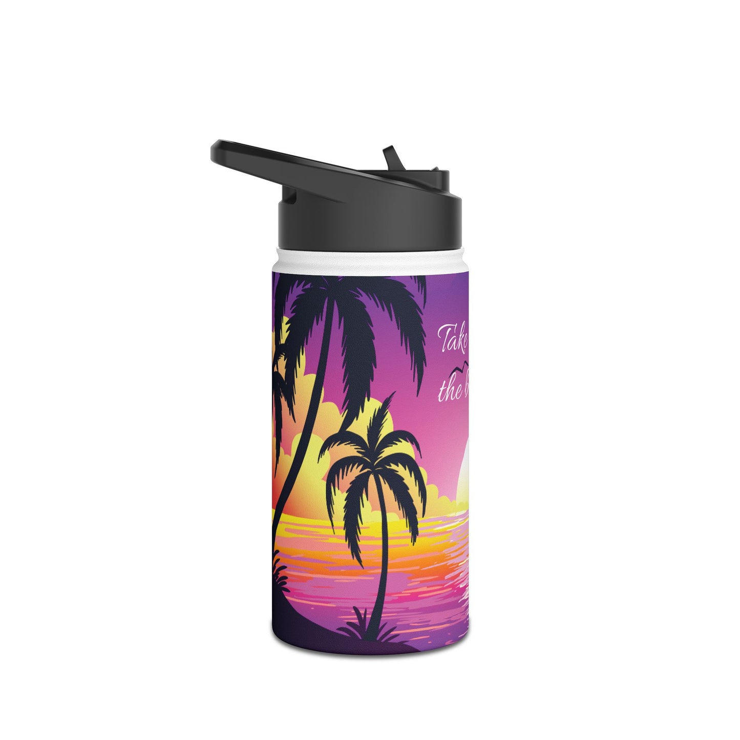 Sunset Palm Stainless Steel Water Bottle — 'Take Me to the Beach' Tropical Travel Bottle