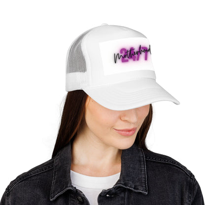 1997 Motherhood Trucker Hat — Retro Pink Script Foam Mesh Cap