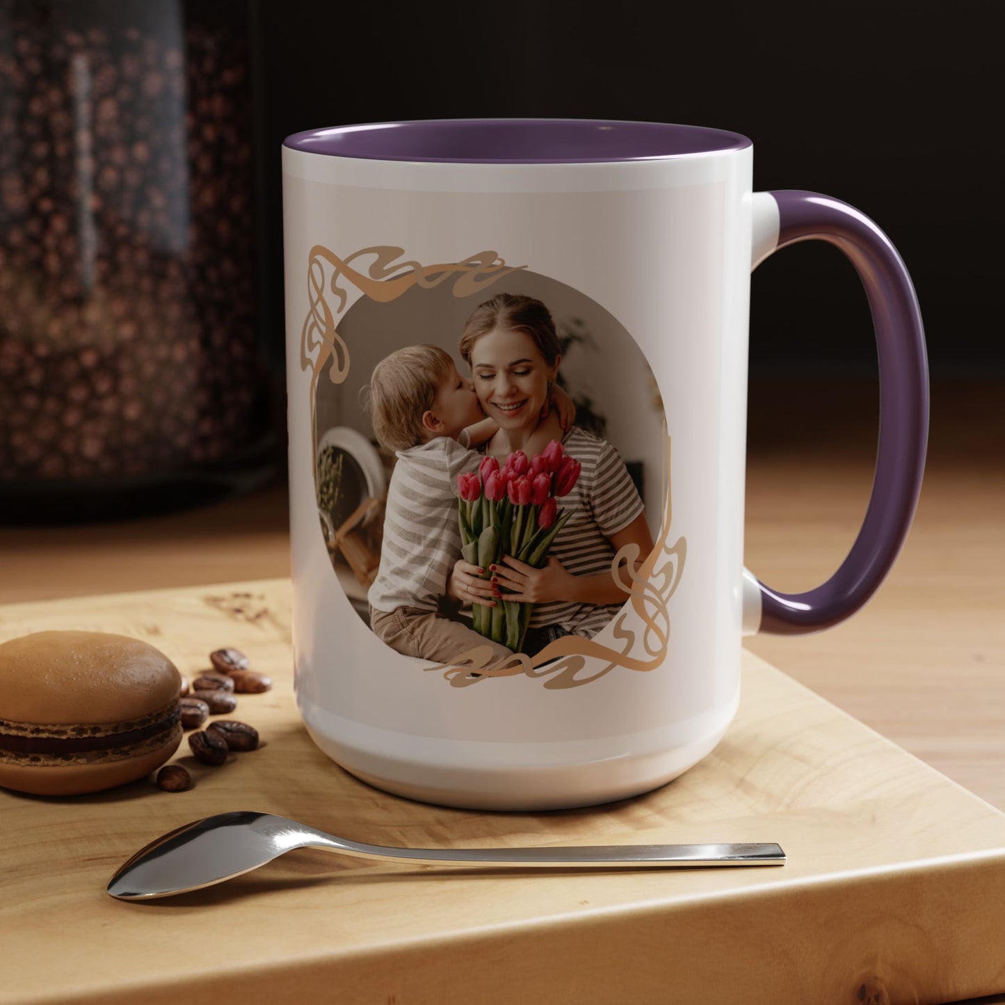 Mother's Day Accent Coffee Mug — Personalized Photo Floral Frame, "Happy Mother's Day" Gift