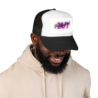 1997 Motherhood Trucker Hat — Retro Pink Script Foam Mesh Cap