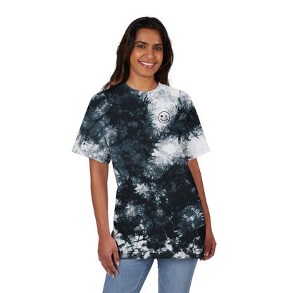 Embroidered Black & White Tie-Dye Oversized Tee — Skull Accent