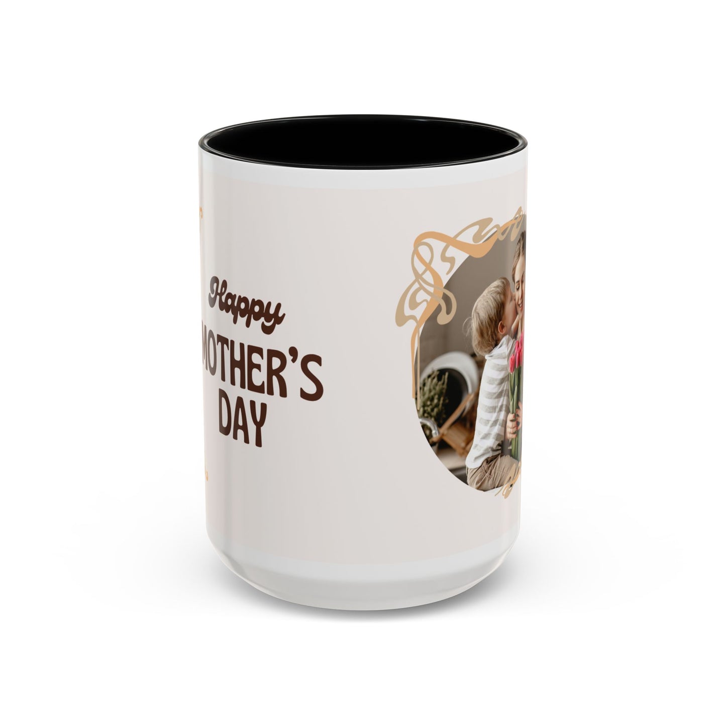 Mother's Day Accent Coffee Mug — Personalized Photo Floral Frame, "Happy Mother's Day" Gift