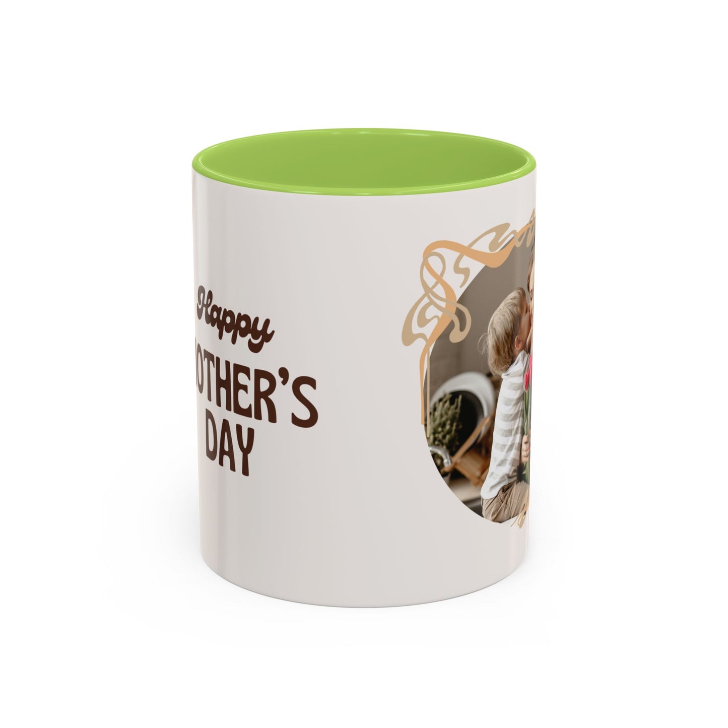 Mother's Day Accent Coffee Mug — Personalized Photo Floral Frame, "Happy Mother's Day" Gift