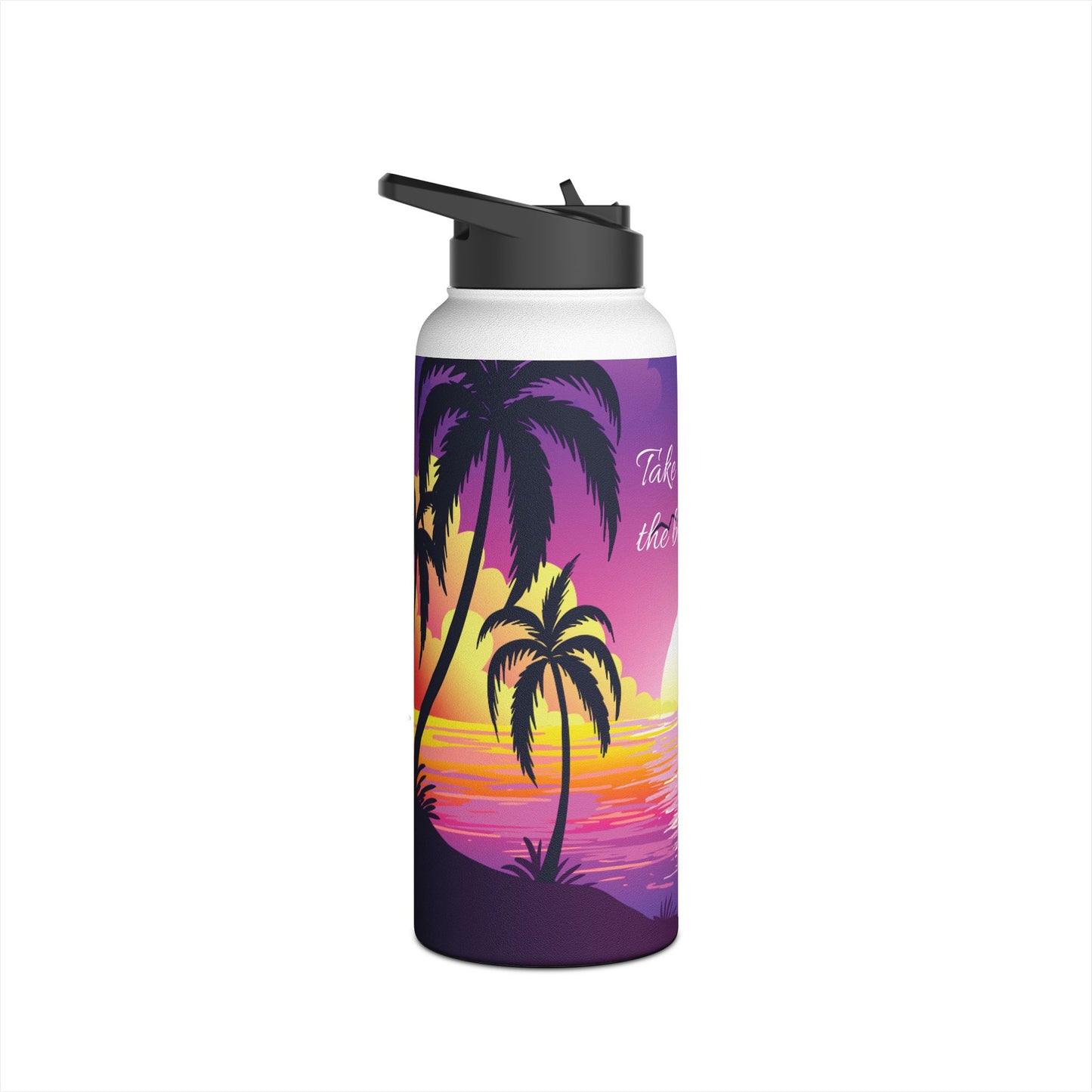 Sunset Palm Stainless Steel Water Bottle — 'Take Me to the Beach' Tropical Travel Bottle