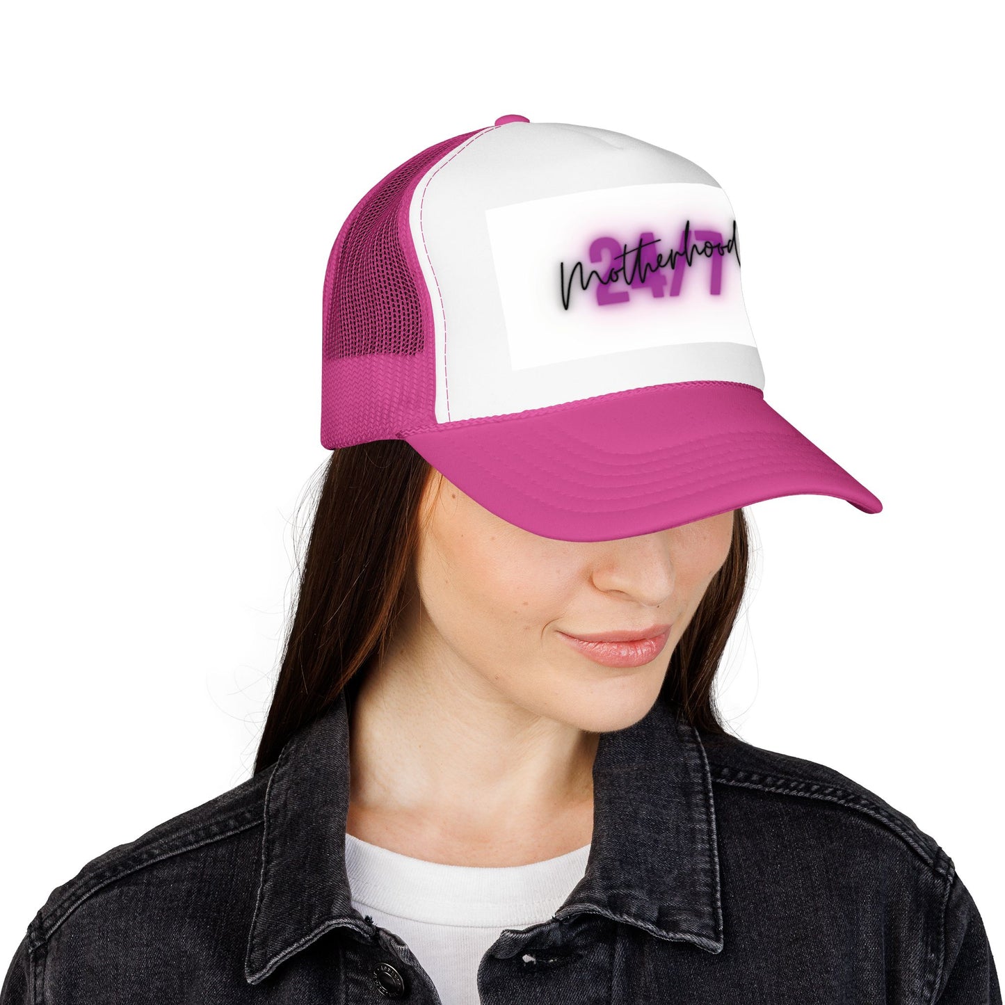 1997 Motherhood Trucker Hat — Retro Pink Script Foam Mesh Cap