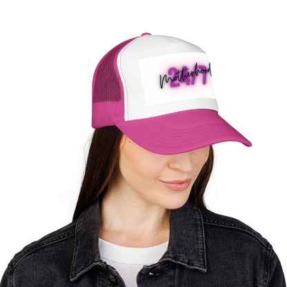 1997 Motherhood Trucker Hat — Retro Pink Script Foam Mesh Cap