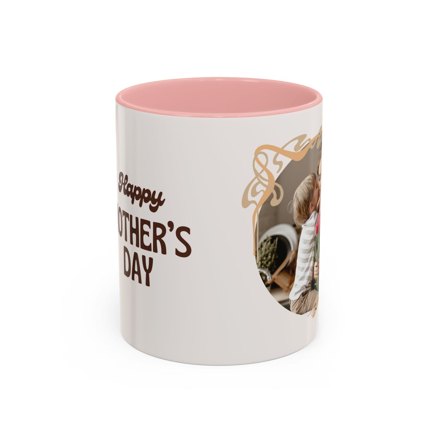 Mother's Day Accent Coffee Mug — Personalized Photo Floral Frame, "Happy Mother's Day" Gift
