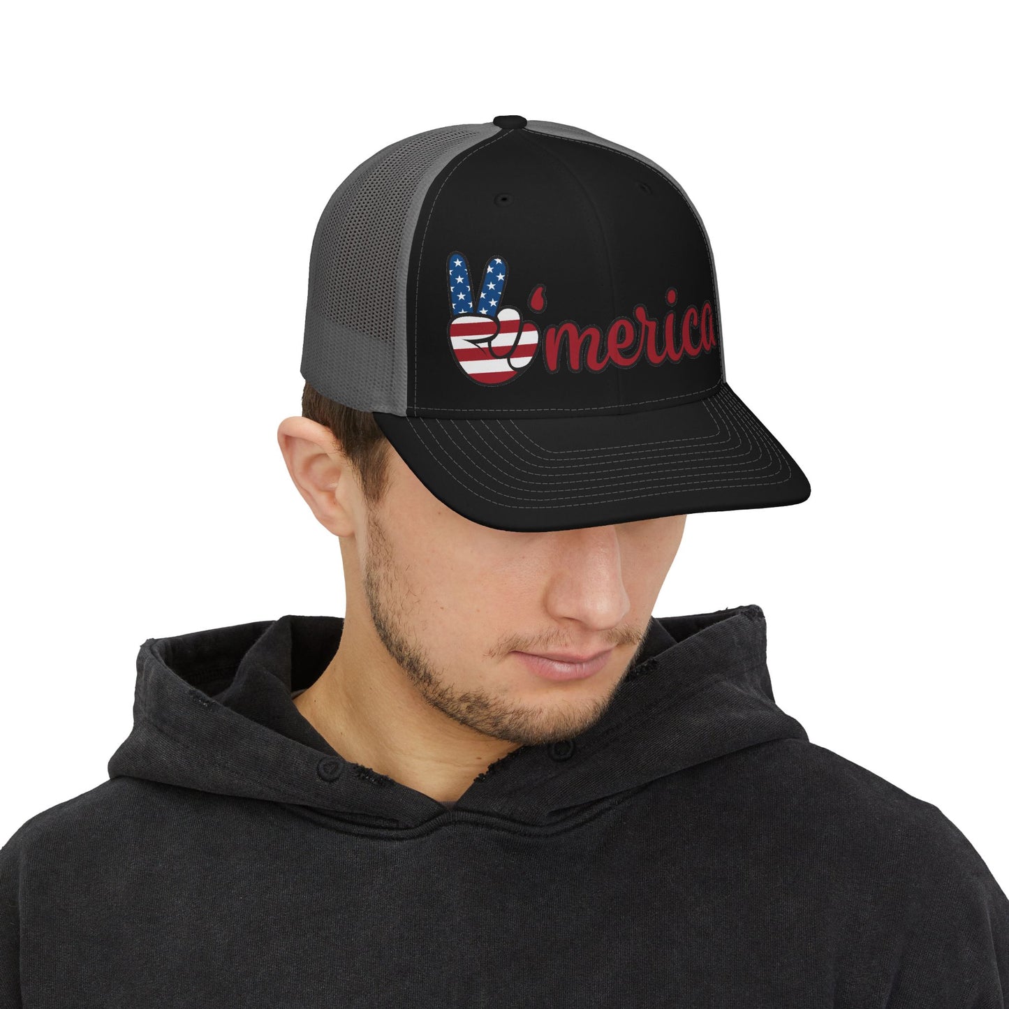 ’Merica Peace Sign Trucker Hat — Patriotic USA Snapback Cap for 4th of July