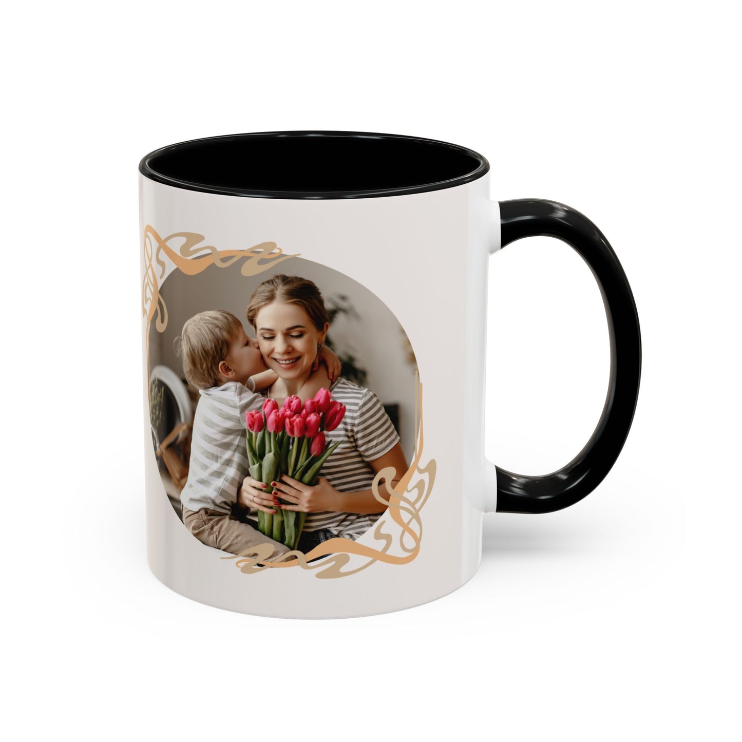 Mother's Day Accent Coffee Mug — Personalized Photo Floral Frame, "Happy Mother's Day" Gift