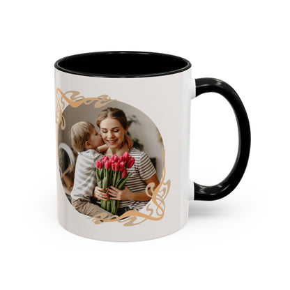 Mother's Day Accent Coffee Mug — Personalized Photo Floral Frame, "Happy Mother's Day" Gift