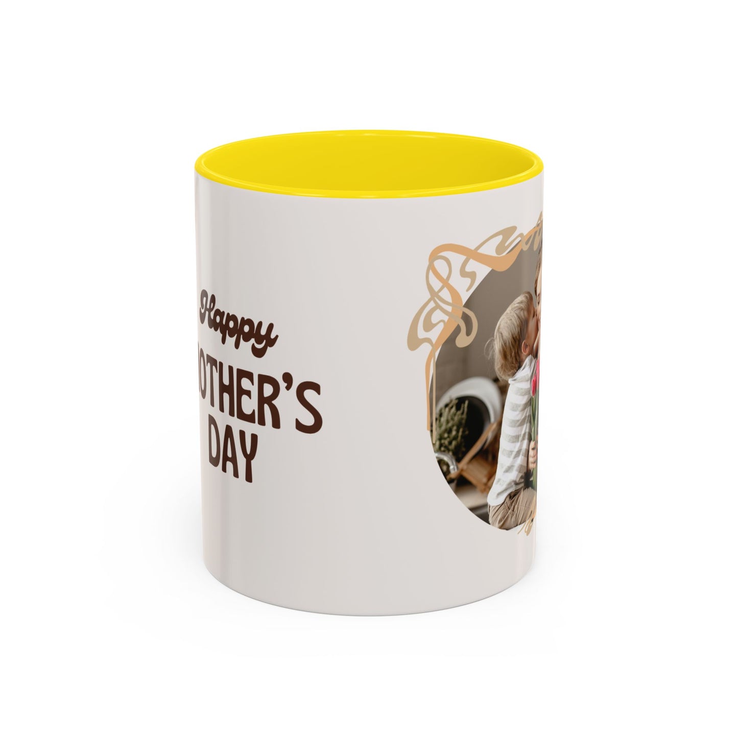 Mother's Day Accent Coffee Mug — Personalized Photo Floral Frame, "Happy Mother's Day" Gift