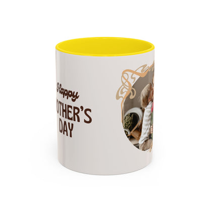 Mother's Day Accent Coffee Mug — Personalized Photo Floral Frame, "Happy Mother's Day" Gift