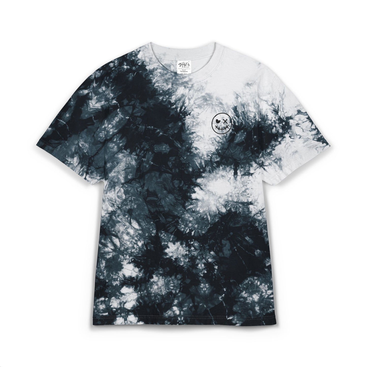 Embroidered Black & White Tie-Dye Oversized Tee — Skull Accent