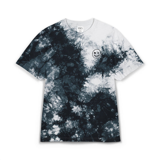 Embroidered Black & White Tie-Dye Oversized Tee — Skull Accent