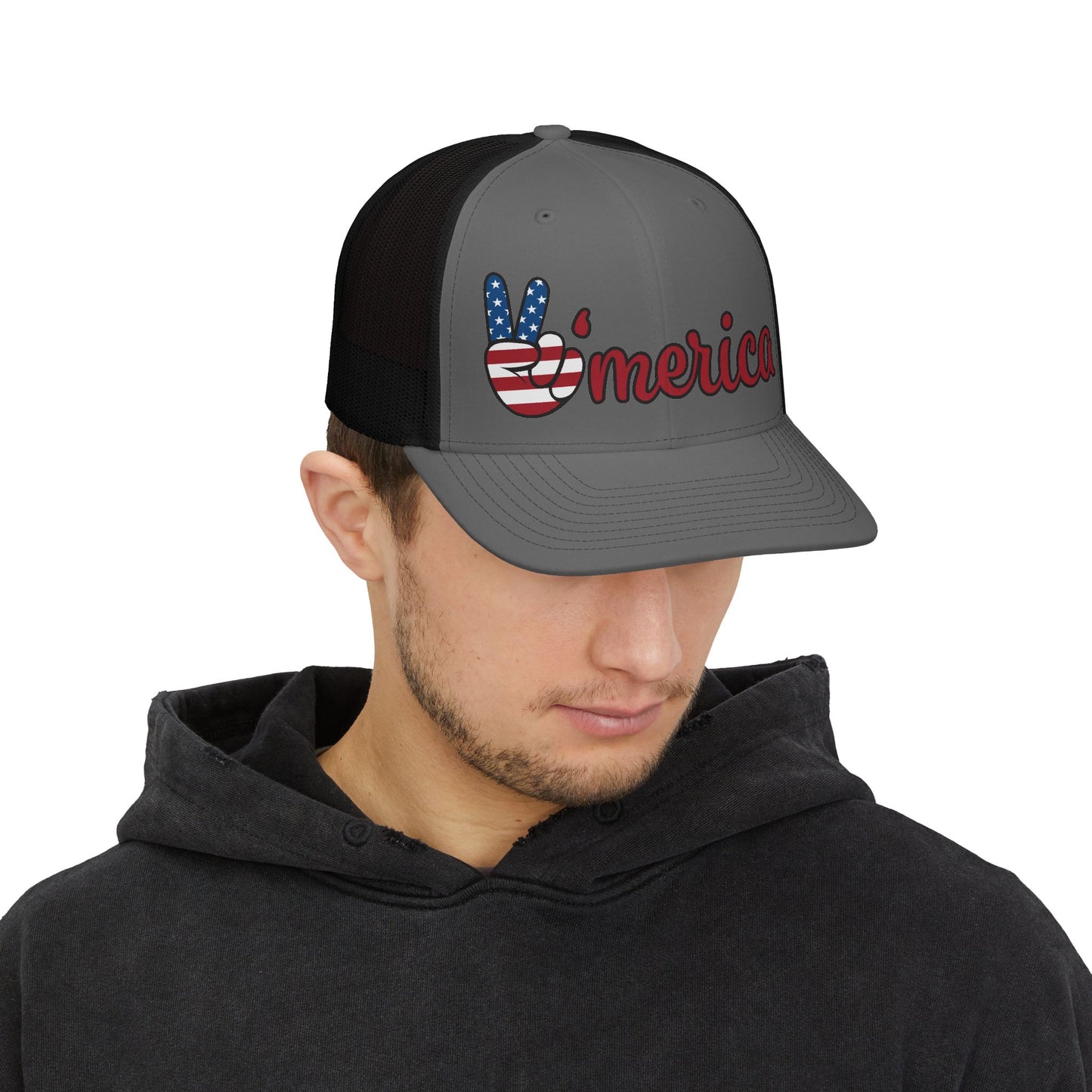 ’Merica Peace Sign Trucker Hat — Patriotic USA Snapback Cap for 4th of July