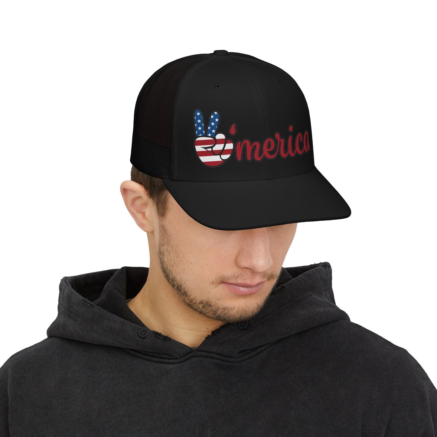 ’Merica Peace Sign Trucker Hat — Patriotic USA Snapback Cap for 4th of July