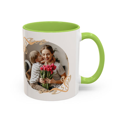 Mother's Day Accent Coffee Mug — Personalized Photo Floral Frame, "Happy Mother's Day" Gift