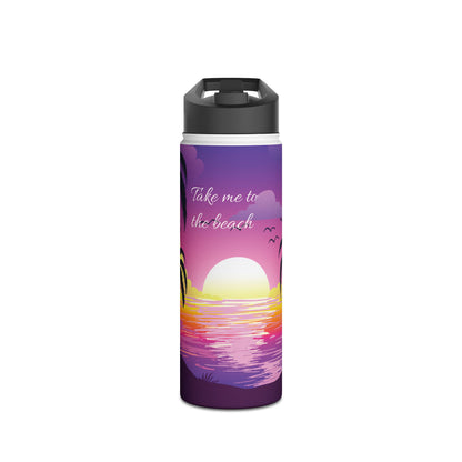Sunset Palm Stainless Steel Water Bottle — 'Take Me to the Beach' Tropical Travel Bottle