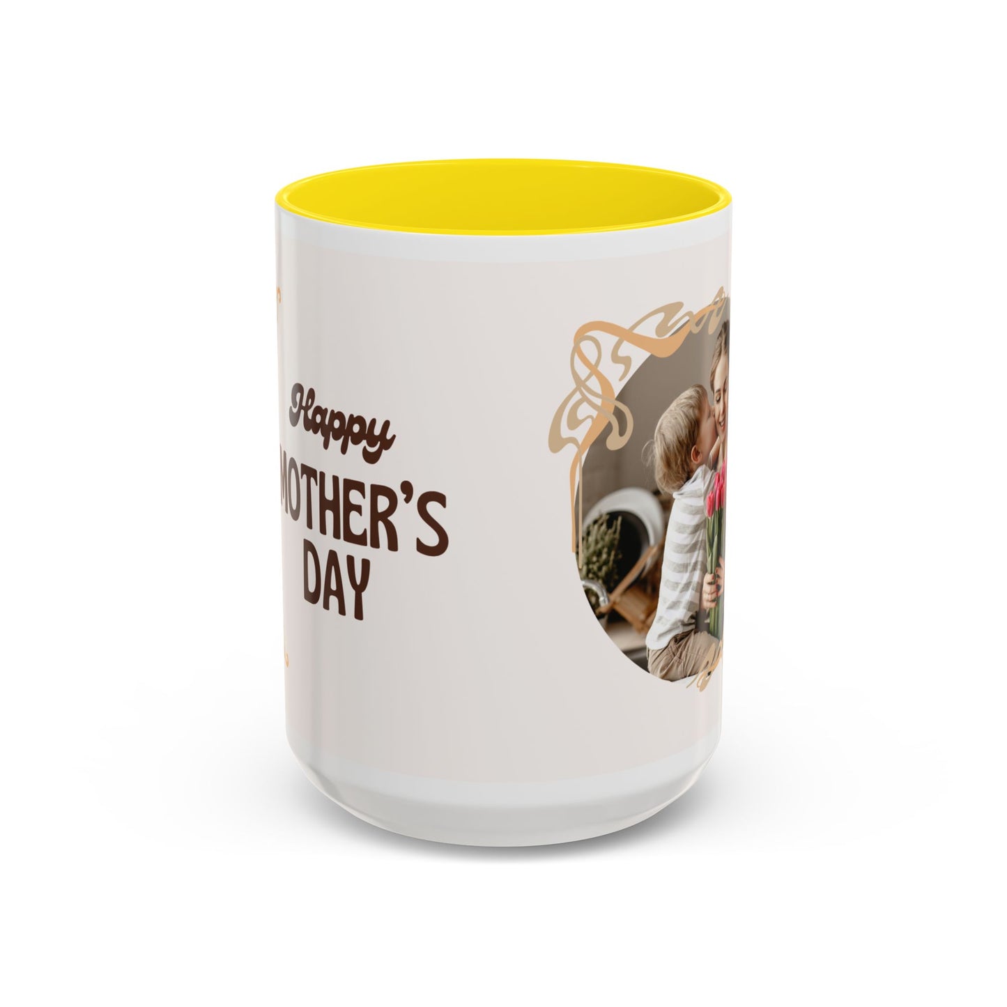 Mother's Day Accent Coffee Mug — Personalized Photo Floral Frame, "Happy Mother's Day" Gift