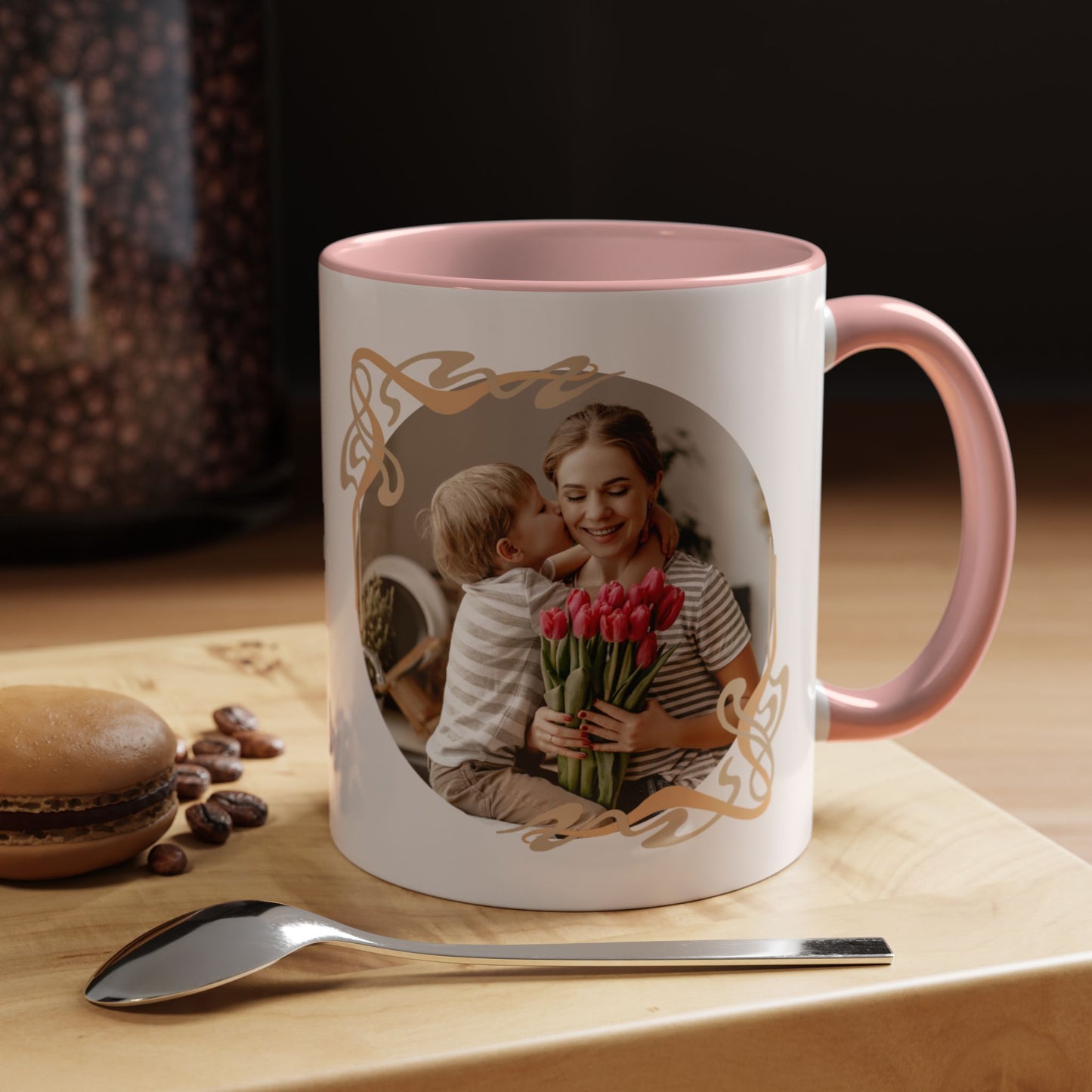 Mother's Day Accent Coffee Mug — Personalized Photo Floral Frame, "Happy Mother's Day" Gift