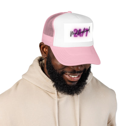 1997 Motherhood Trucker Hat — Retro Pink Script Foam Mesh Cap
