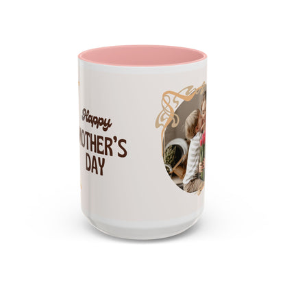 Mother's Day Accent Coffee Mug — Personalized Photo Floral Frame, "Happy Mother's Day" Gift