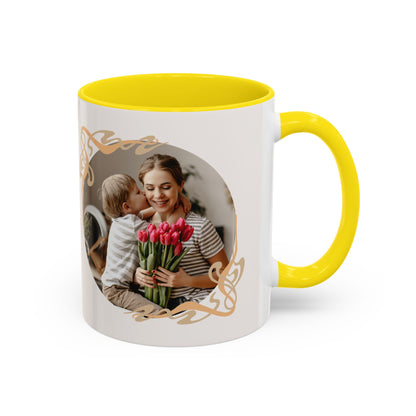 Mother's Day Accent Coffee Mug — Personalized Photo Floral Frame, "Happy Mother's Day" Gift