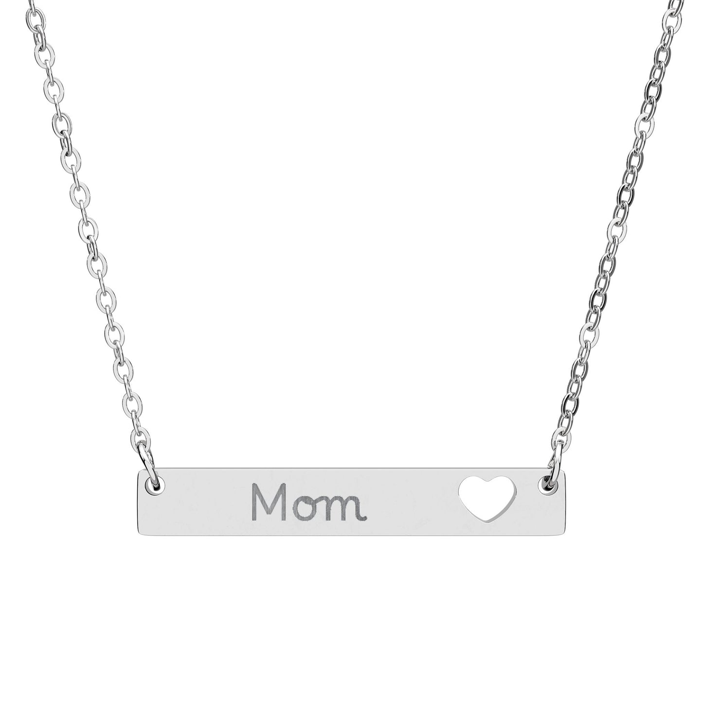 Engraved Cutout Heart Bar Necklace — Personalized 'Mom' Pendant
